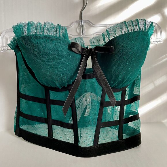 Victoria Secret Bra 32C Dream Angels Bustier Long Line Green Black Boned Ruffle - Picture 1 of 14